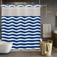 thumbnail image 2 of No Hook Shower Curtain with Snap in Liner, Navy Blue White Water Ripple Waterproof Fabric Bathroom Curtain Mesh Top Window, Nautical Ocean Wave Stripe Shower Curtains 72x72in, 2 of 9