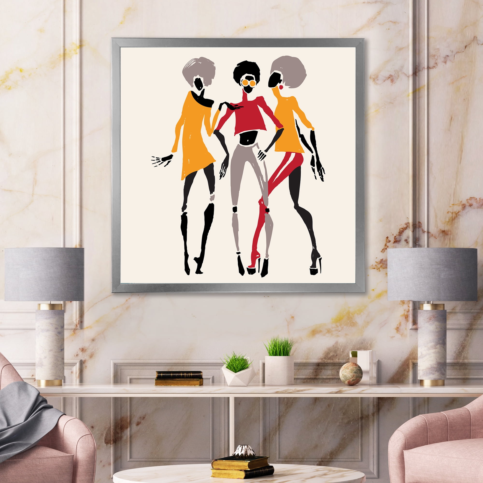 Designart 'African American Women Silhouettes Red and Yellow II' Modern Framed Art Print