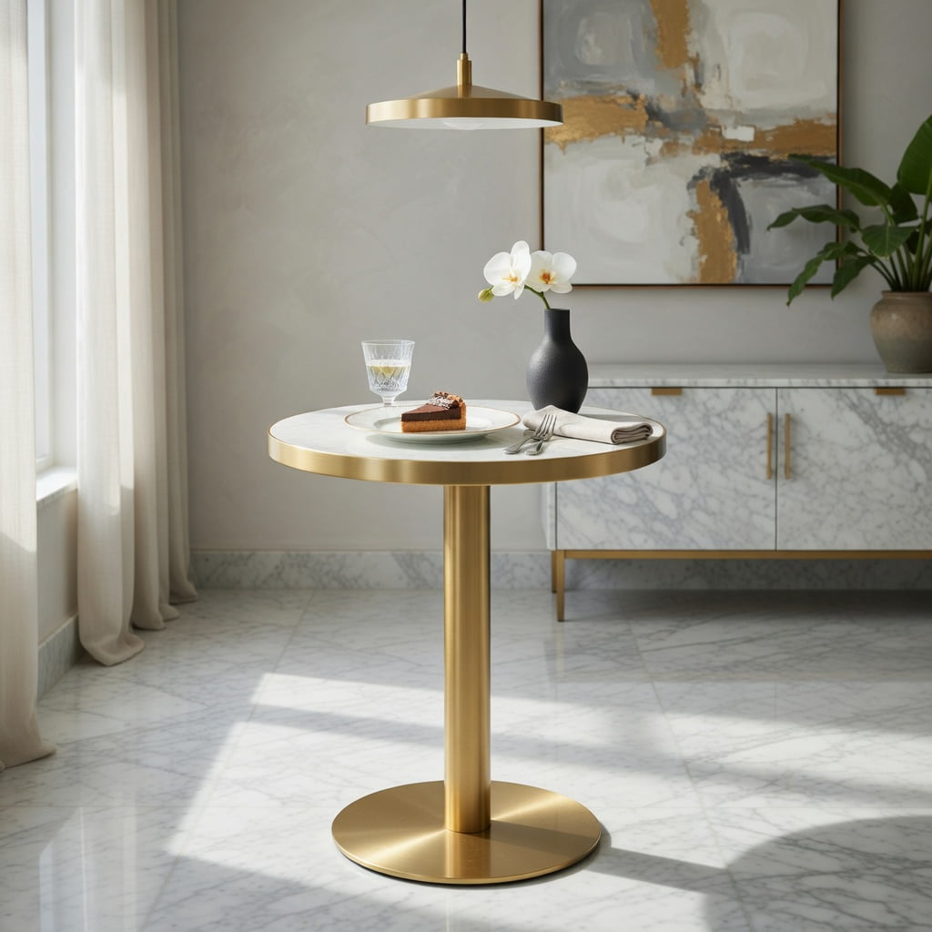 Hommoo 23.6 Inch Round Modern Light Luxury Table with Marble UV Finish & Stainless Steel Edge Banding, MDF Top, Metal Legs, Wobble-Free Design, White & Gold
