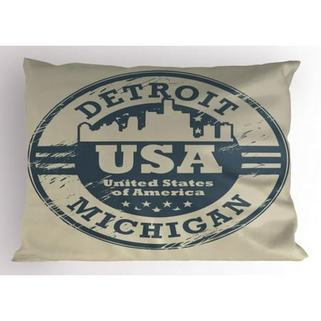 - America Pillow Sham Passport Stamp Inspired Grungy Figure of Detroit Michigan State with Stars, Decorative Standard Size Printed Pillowcase, 26 X 20 Inches, Blue Grey and Taupe, by Ambesonne