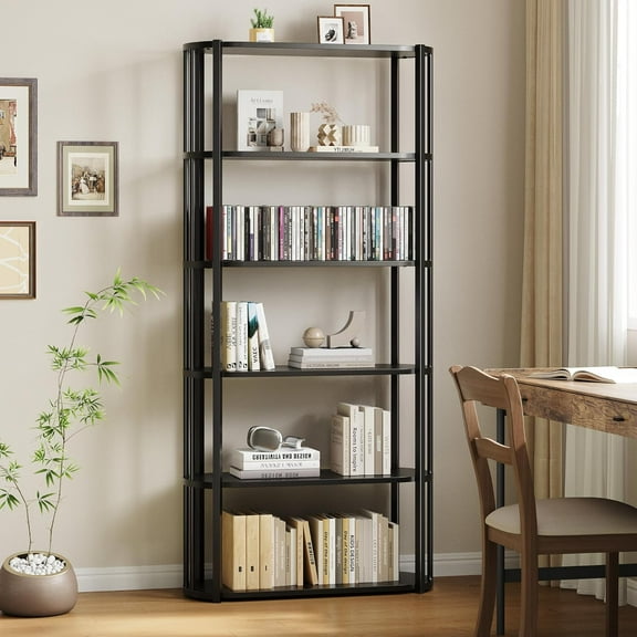 IdealHouse 6-Tier Wooden Bookshelf, 71" Industrial Tall Bookcase with Metal Frame, Large Open Storage Shelf for Living Room, Bedroom, Office, Black   Black