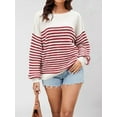 thumbnail image 2 of Women'S Striped Colorblock Knitted Sweater Long Sleeve Round Neck Fashion Oversized Sweater Red XL, 2 of 7