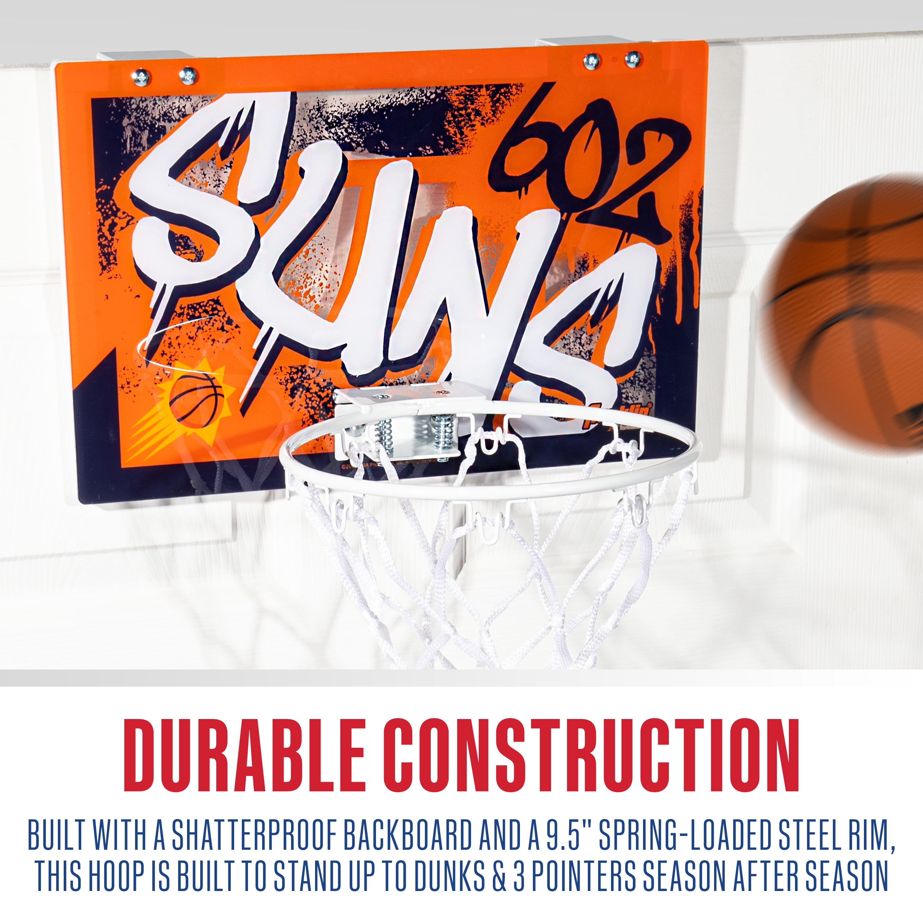 Franklin Sports NBA Phoenix Suns Over the Door Basketball Hoop - Kids Indoor Basketball Hoop with Mini Basketball - NBA Fan Shop Mini Hoop for Bedroom + Office - Over the Door Mini Hoop Set