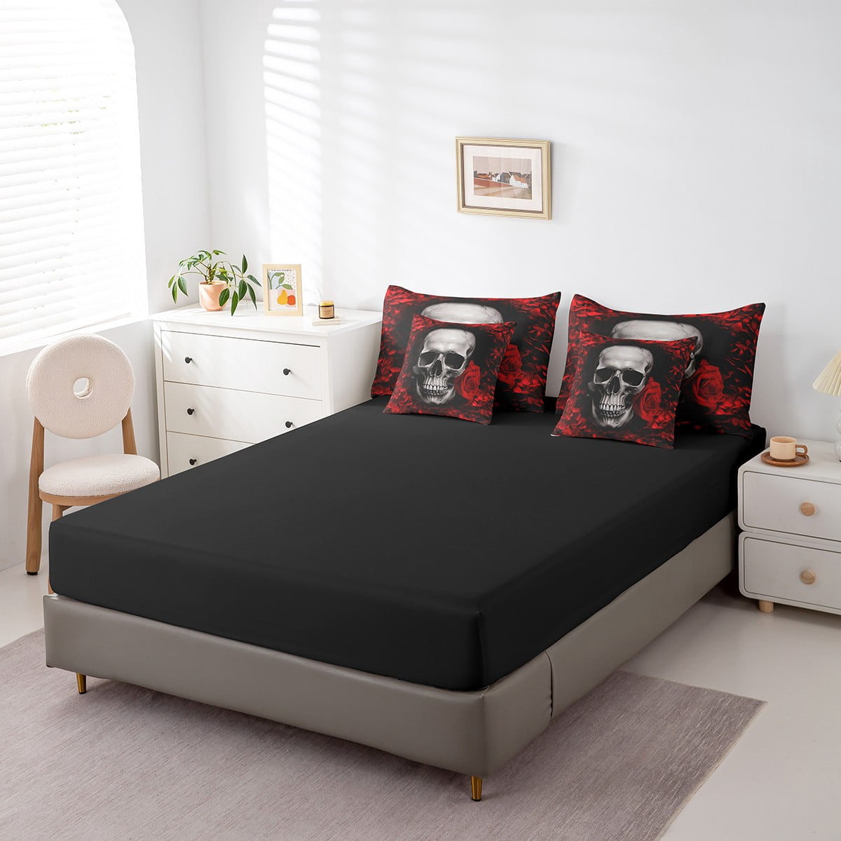 Skull Comforter Set King Size – Black White Skull & Rose Design, 3-Piece Duvet With 2 Pillowcases, Gothic Decor