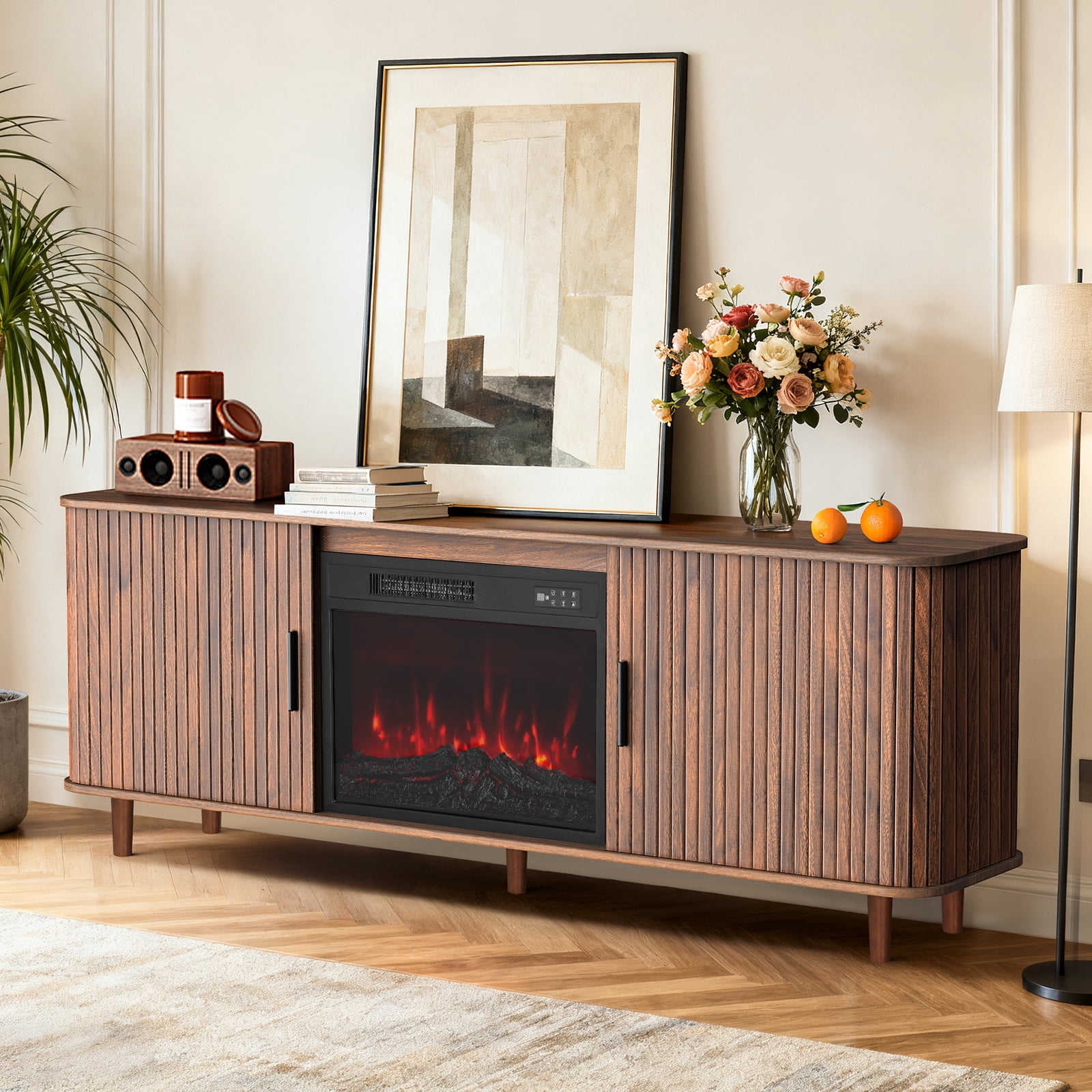 Dovov 70" Fireplace TV Stand for TVs Up to 80", Modern Fluted Entertainment Center Media Console Cabinet with 23" Electric Fireplace and Sliding Door, for Living Room, Walnut