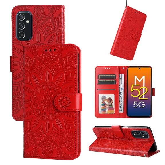 SaniMore for Samsung Galaxy A34 5G Wallet Case, Shockproof PU Leather Stand Cover with Card Slot Flip Kickstand Embossed Flower Magnetic Clasp Wrist Strap for Samsung A34 5G, Red