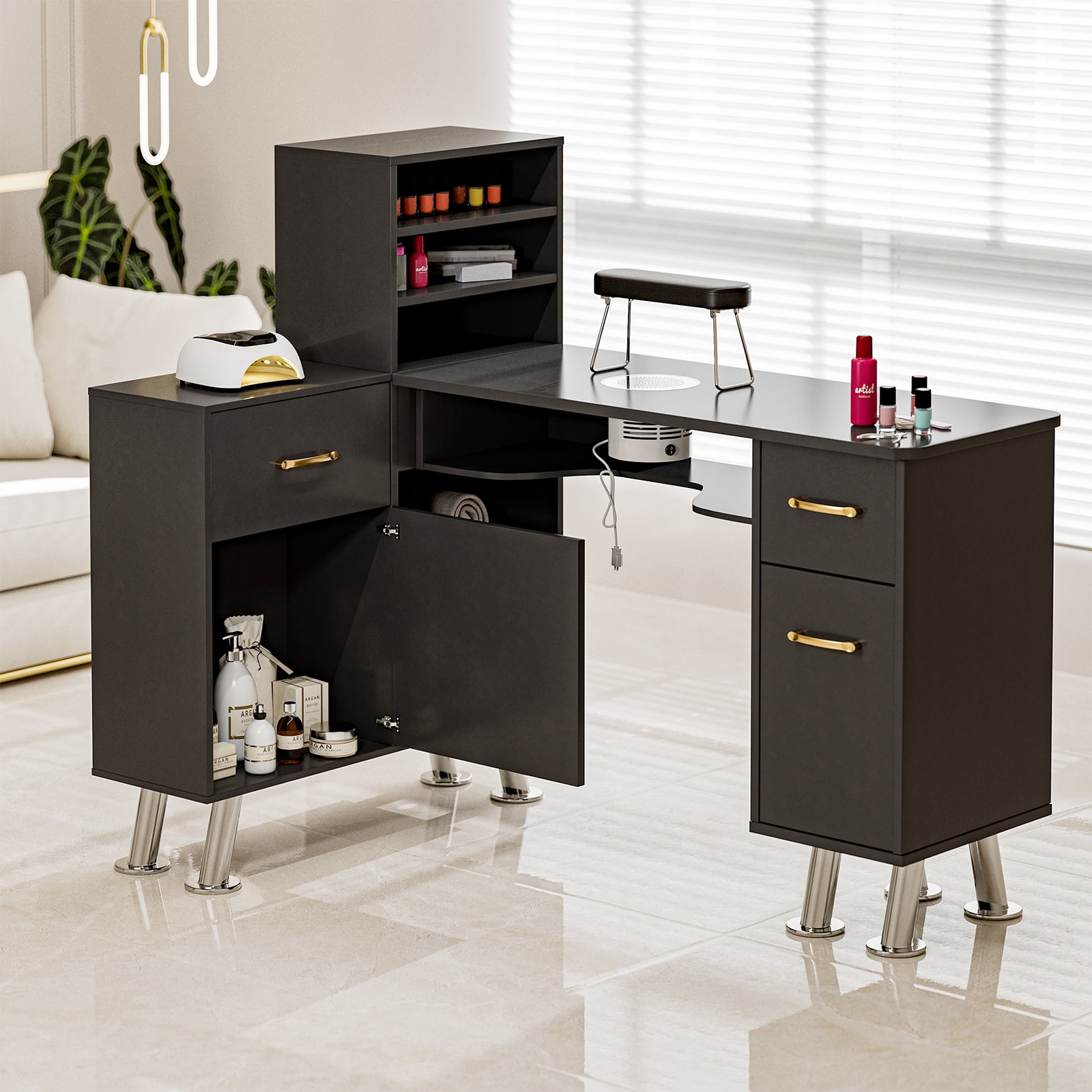 Paddie Manicure Table with Shelves, L-Shaped Nail Table Station w/Electric Downdraft Vent, Foldable Nail Arm Rest, Storage Cabinets, Drawers, Metal Handles & Legs for Nail Tech(Black)