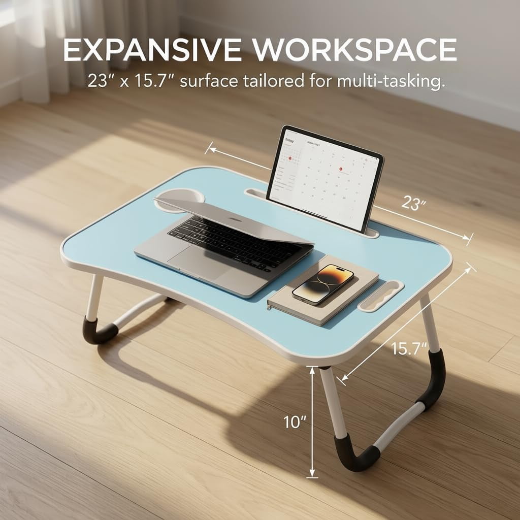 Foldable Lap Desk for Laptop & Writing - 23 inch Bed Tray Table with Cup Holder & Tablet Slot - Portable Notebook Stand for Eating, Sofa, Couch & WFH Students