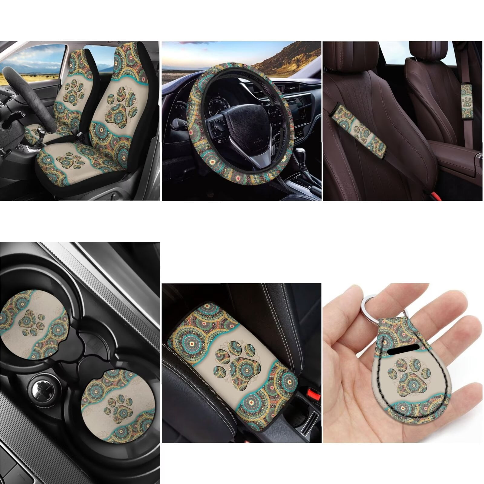LedBack Paw Print Car Seat Covers Full Set for Women Men, Boho Mandala Flower Car Front/Rear Seat Cover Easy Install Steering Wheel Cover Armrest Pads Seat Belt Cover Coaster