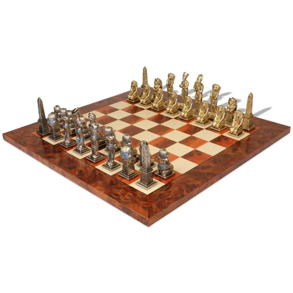 Large Egyptian Theme Metal Chess Set with Elm Burl Chess Board