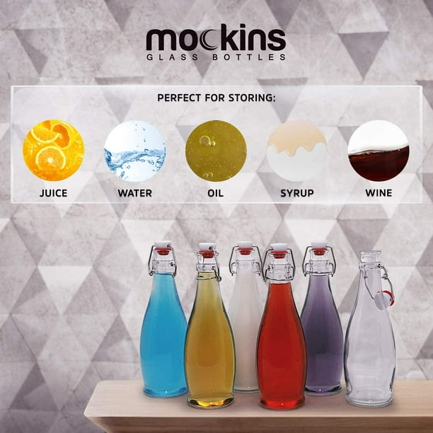 Mockins 12 Pack 17 oz Glass Bottle Set with Swing Top Stoppers A Funnel & Bottle