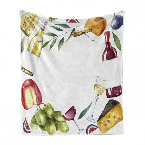 Wine Soft Flannel Fleece Throw Blanket, Round Frame Hand Painted Food Objects Watercolor Drink Cheese Fruits Illustration, Cozy Plush for Indoor and Outdoor Use, 50" x 70", Multicolor, by Ambesonne