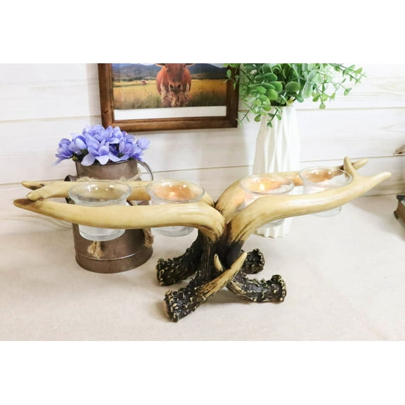 Wildlife Rustic Buck Deer Stag Entwined Antlers 4 Votives Candle Holder Figurine