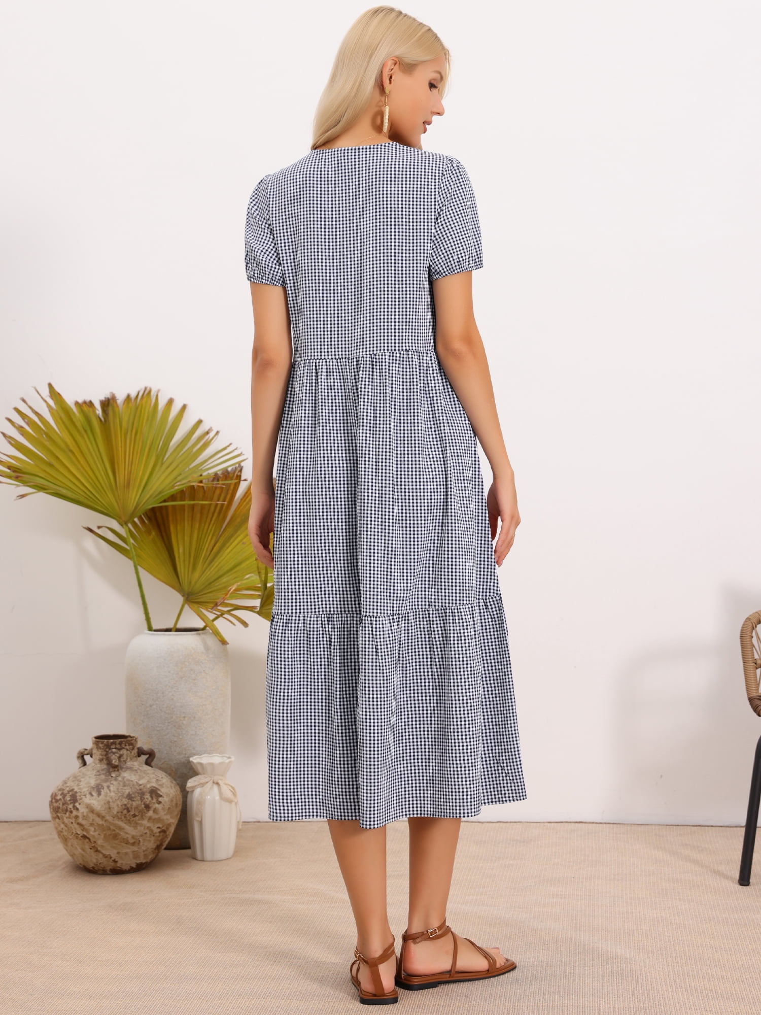 DARING DIVA Women's Gingham Short Sleeve Midi Flowy Tie Front Dress XL Black Blue