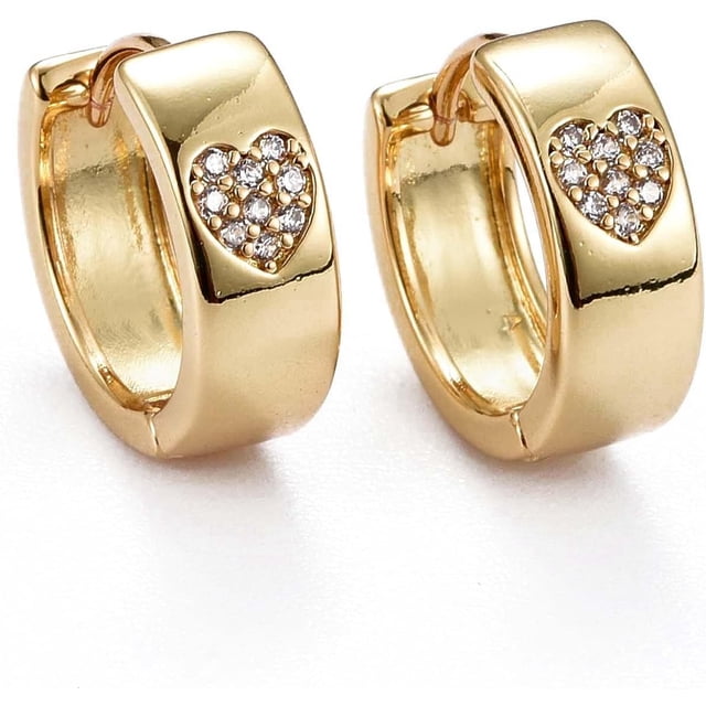 Brass Micro Pave Clear Cubic Zirconia Huggie Hoop Earrings Long-Lasting Plated Ring with Heart Real 18K Gold Plated 13x14x5mm Pin: 0.8mm
