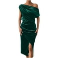 thumbnail image 3 of Jinhomg Velvet Dress for Women Elegant off The Shoulder Ruched Velvet Dresses Irregular formal Cocktail Dress Evening Party Midi Dresses Green L, 3 of 10