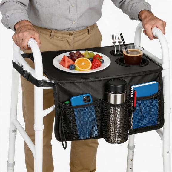 Walker Tray for Folding Walker, Portable Walker Table with Cup Holders & Mesh Storage Pockets, Waterproof Anti-Slip Walker Tray, Mobility Aid Tray for Seniors, Eating & Daily Use