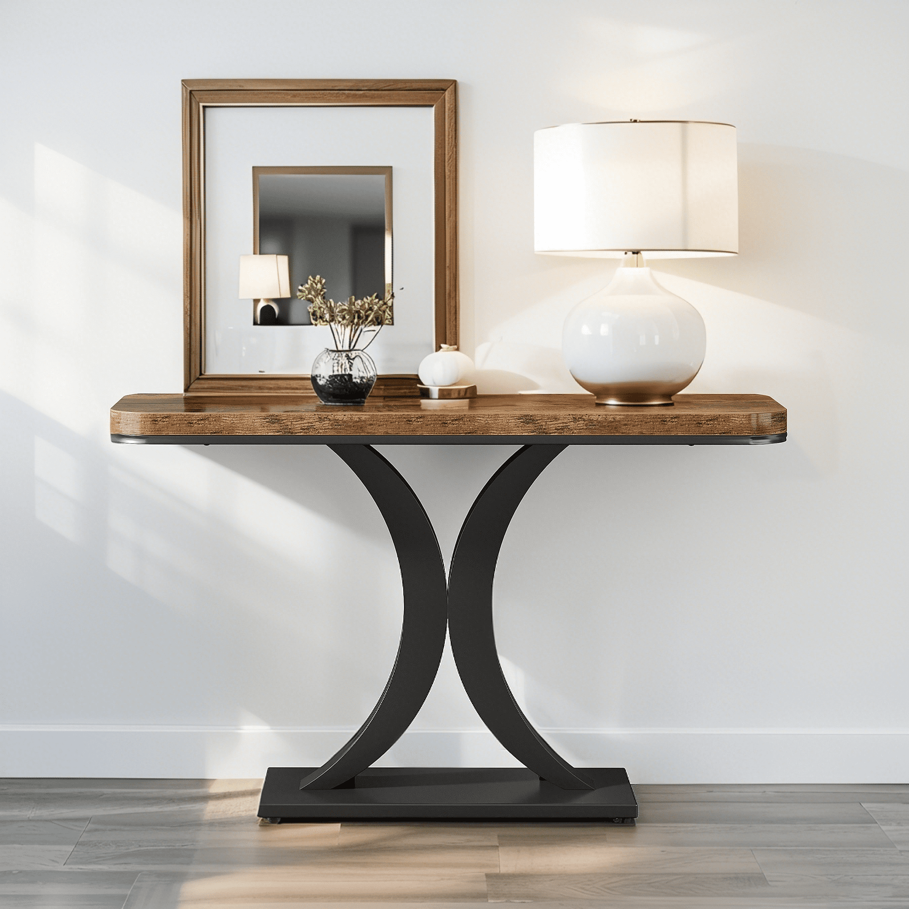 40" Narrow Console Table, Modern Industrial Entryway Foyer Table with Geometric Metal Base