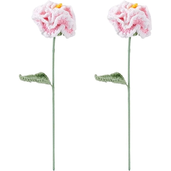 2 PCS Handmade Crochet Peony Flowers – Pink Knitted Cotton Peony Bouquet with Adjustable Iron Wire Stems for Wedding Home Decor & Gift Giving