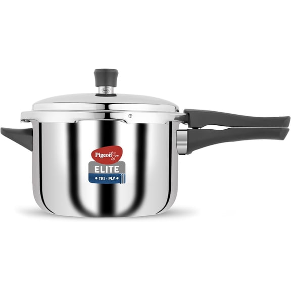 Pigeon Elite Tri-Ply Stainless Steel Body Outer Lid Pressure Cooker Induction and Gas Stove Compatible 5 L - Silver