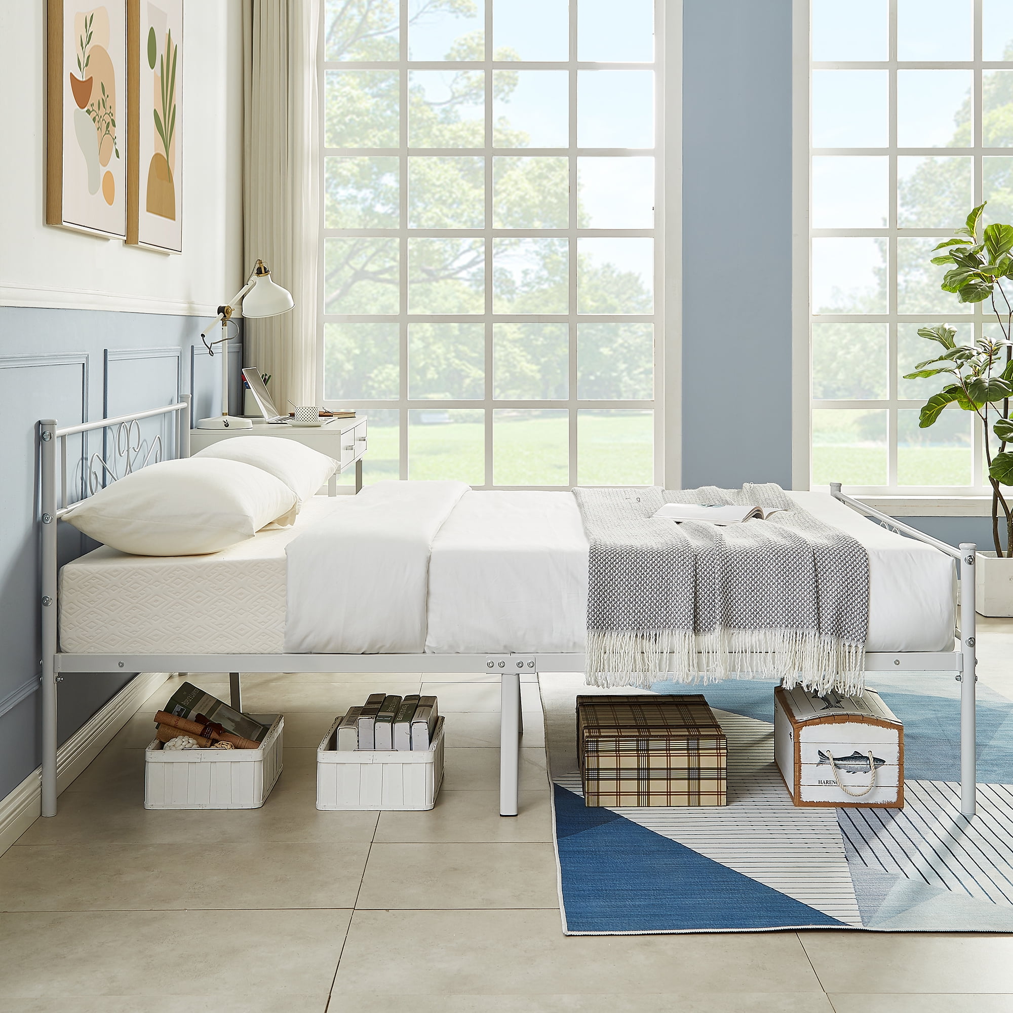 VECELO Full Size Bed Frame with Headboard, Metal Platform Bed Frame/Mattress Foundation, No Box Spring Needed, Easy Assembly, White