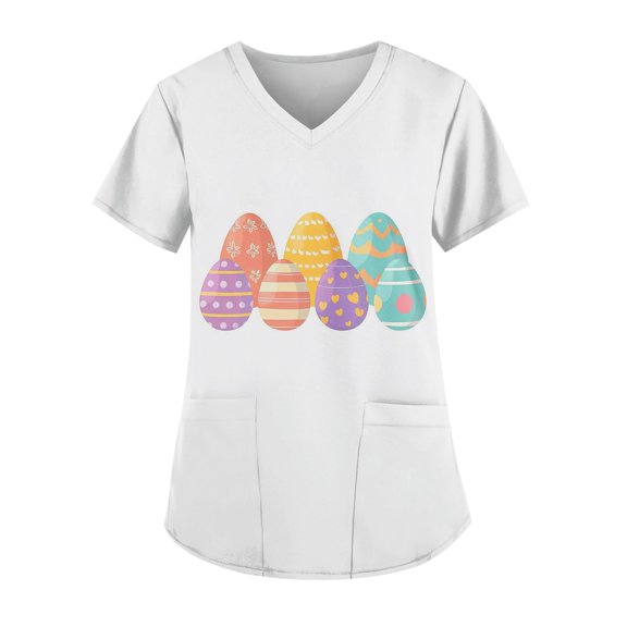Scrubs Plus Size Women，Scrub Tops for Women Medical Workwear Stretch Fashion Funny Easter Printed Plus Size Short Sleeve Nursing Uniform Scrub Tops，White，M