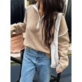 thumbnail image 3 of Womens Quarter Zip Pullover Sweaters Casual Collared V Neck Color Block Long Sleeve Loose Knit Fall Sweater Khaki M, 3 of 6