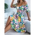 thumbnail image 5 of Women's Short Sleeve A Line Dresses Square Neck Flowy Floral Smocked Midi Dress for Casual Green M, 5 of 10