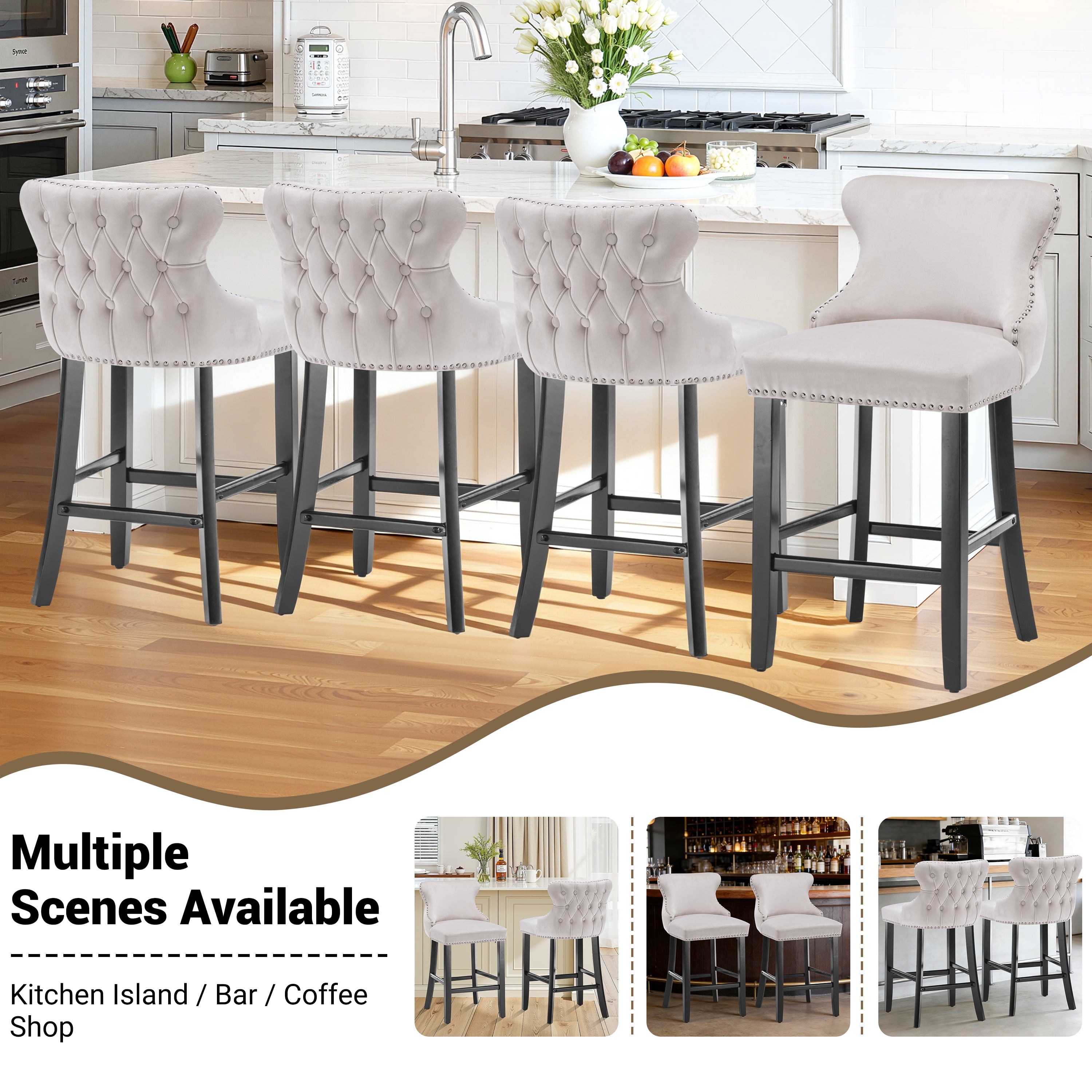 Bar Stool Set of 4, Legahome 26" Counter Height Bar Stools with Back, Velvet Upholstered Bar Stool with Button Tufted & Wooden Legs, Bar Stools Chair for 35-39" Kitchen Island Counter, Beige