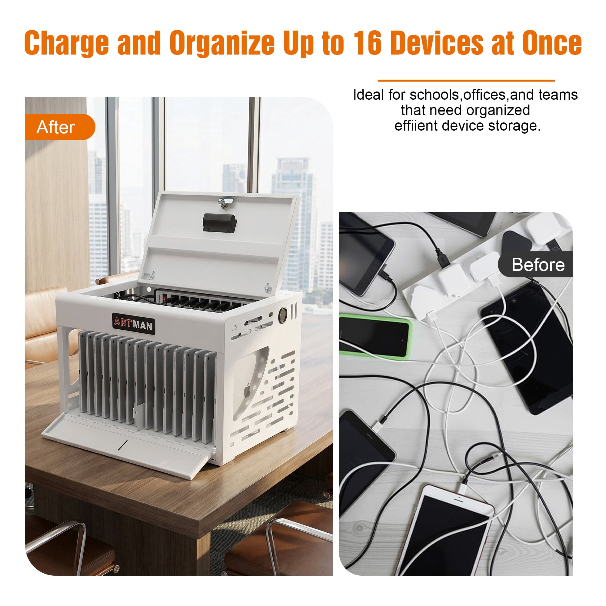 16-Device Charging Station for Laptops/Tablets, Charging Cabinet for iPad/Chromebooks/Laptop Computers, Laptop & Tablet Storage Carts for Classroom/Library/Office/Lockable, White