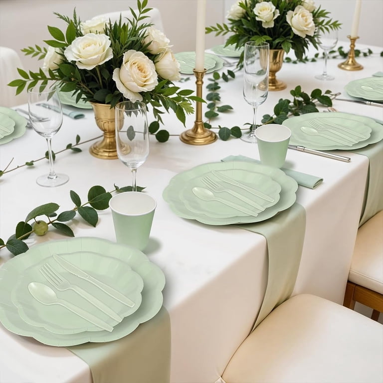 350 Pcs Cream White Scalloped Disposable Party Set For 50 Guests - Plates, Napkins, Cups, Utensils