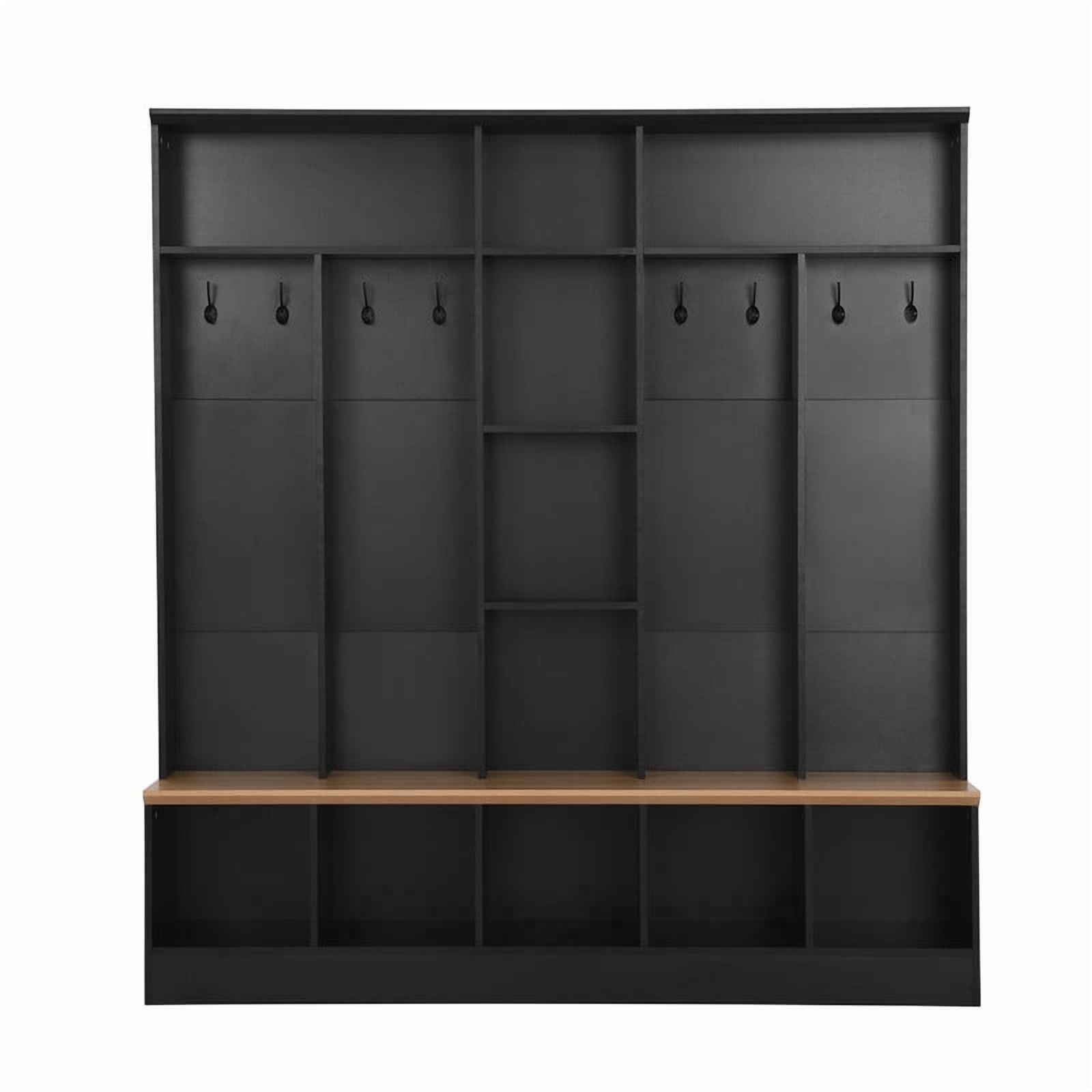 Modern Hall Tree with Storage Bench, Entryway Coat Rack with 8 Hooks, Shoe Cabinet with 5 Cube Compartments and Shelves, Multifunctional Mudroom Organizer for Entryway, Hallway, Living Room