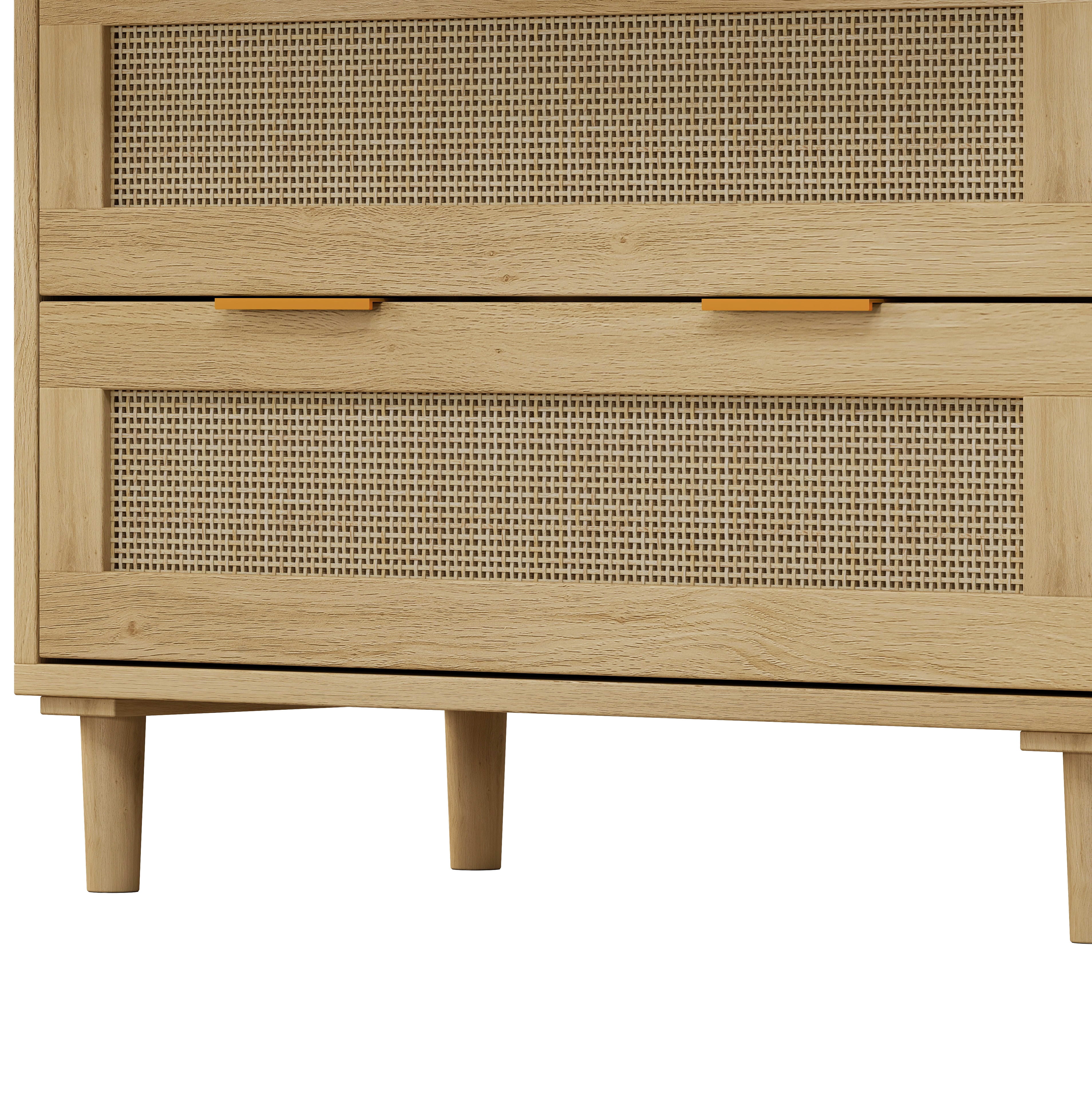 Aukfa 3 Drawer Dresser Nightstand with Rattan Storage Drawer for Bedroom Living Room, Oak