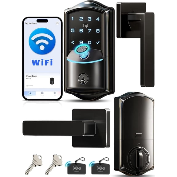 Veise Wifi Smart Door Lock with Lever Handle Set, Fingerprint Keyless Entry, Electronic Digital Keypad Deadbolt for Front Door, Auto Lock, Matte Black
