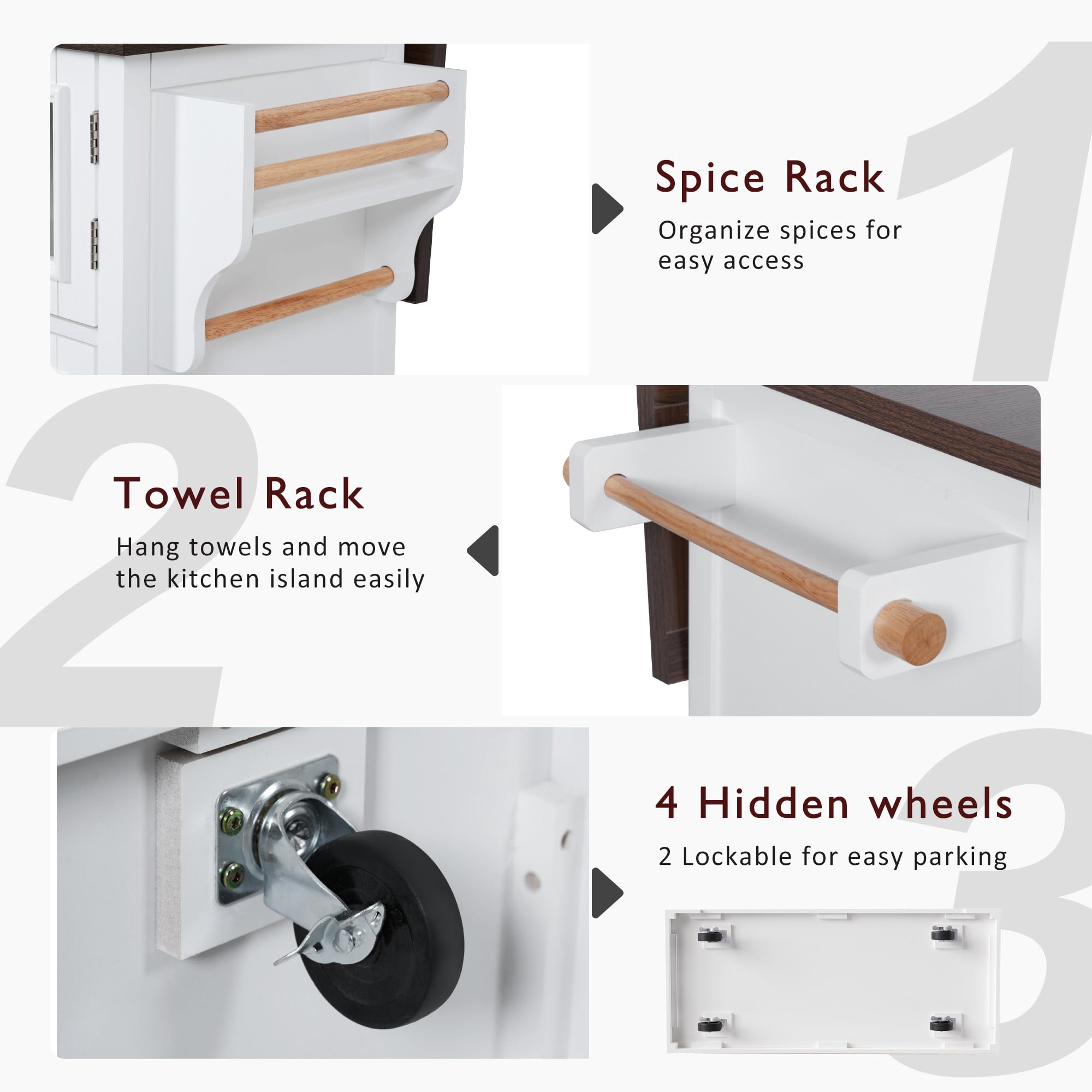 54.9" Kitchen Island on Wheels with Drop Leaf, Power Outlet, 4 Door Shelves, Cross Barn Doors & Visual Glass Door