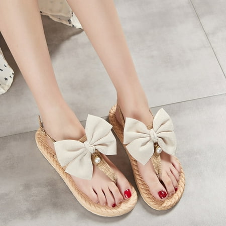 

Wavsuf Flat Sandals for Women Casual Summer Bow Beige Thong Sandals Size 6
