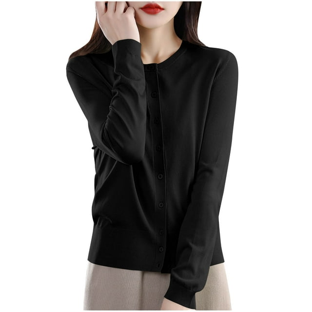 bbymog Mode Cardigan Décontracté à Manches Longues pour Femmes Couleur Unie Noir-2 TG