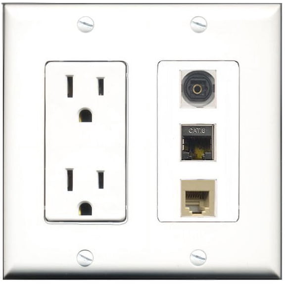 RiteAV - 15 Amp Power Outlet 1 Port Phone Beige 1 Port Shielded Cat6 Ethernet Ethernet 1 Port Toslink Decorative Wall Plate