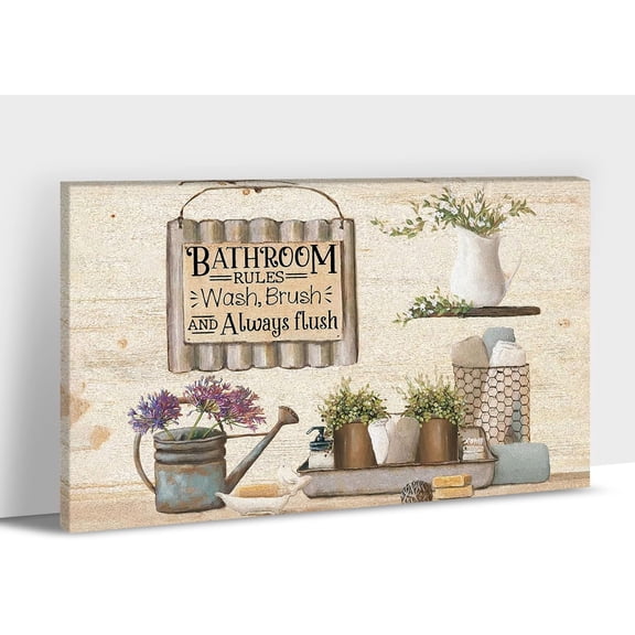 Farmhouse Bathroom Decor Wall Art - Funny Bathroom Rules Signs Canvas Print Pictures For Rustic Home Decor, Rustic Style Painting, Framed Poster Toilet Artwork For Country Room Wall Decor 12x18