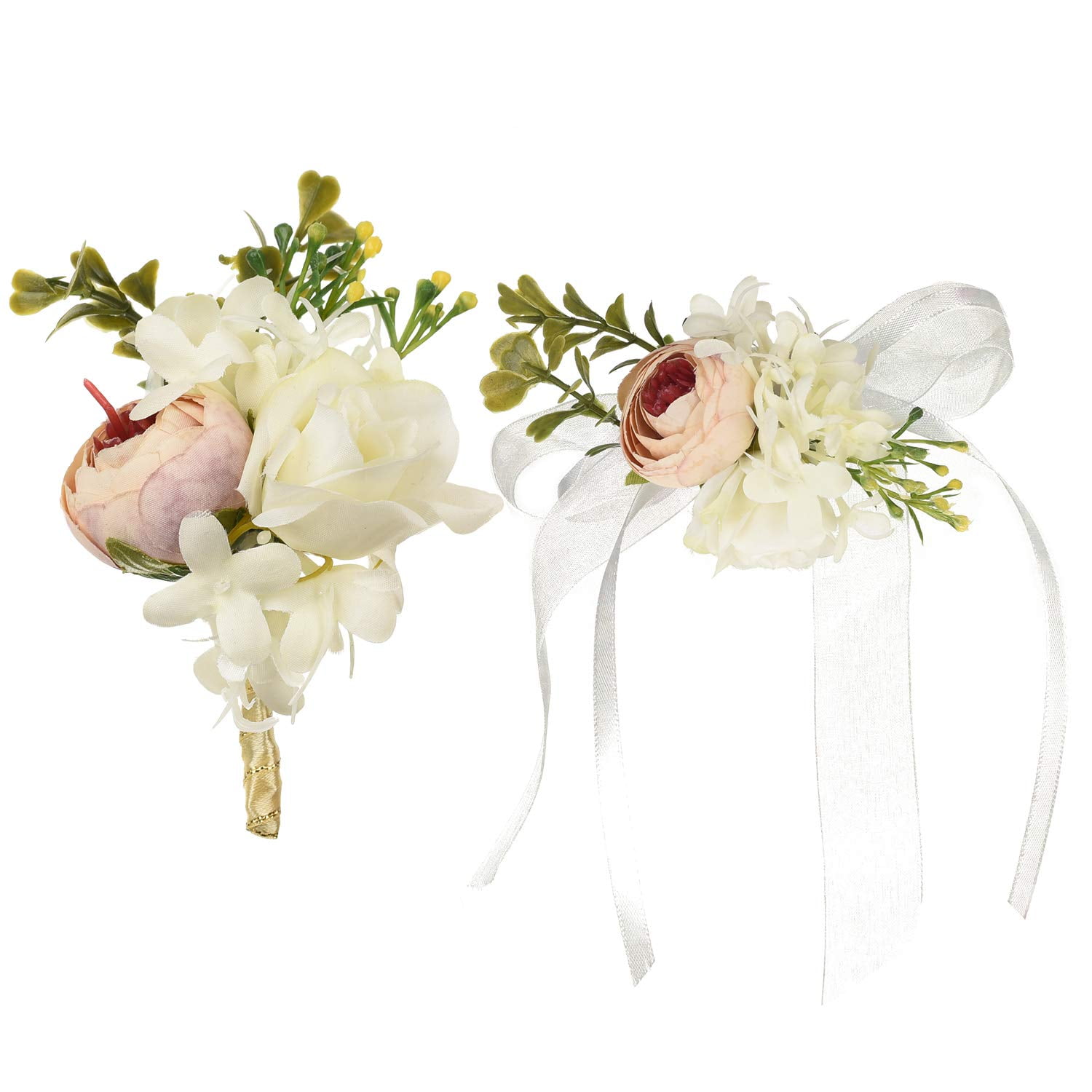 White Wrist Corsage Band Bridal Roses Flower Groom Boutonniere for Men Wedding 