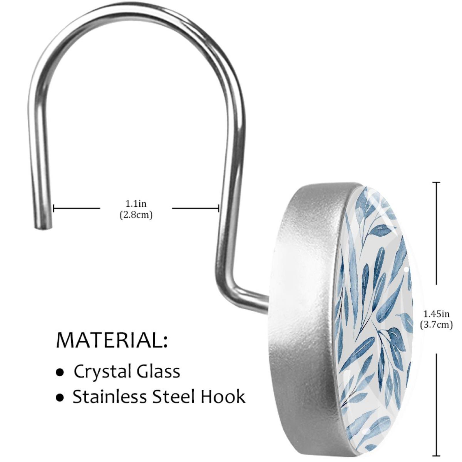 Blue Branches Leaves Shower Curtain Hooks（Set of 12）for Home Hotel Shower Rods Bathroom Crystal Glass Print Stainless Steel Round Curtain Hooks