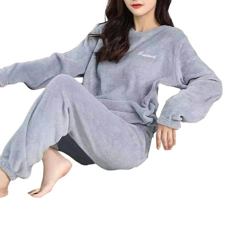 

huanledash 2 Pcs/Set Women Pajamas Set Loose Solid Color Long Sleeves Elastic Waist Round Neck Sleeping Cozy Casual Lady Nightie Set for Home Wear