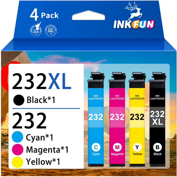 INKFUN Ink Replacement for Epson 232 Ink Cartridges Combo for Epson Ink 232 for WF-2950 XP-4200 XP-4205 Printer (4 Pack, Black Cyan Magenta Yellow)