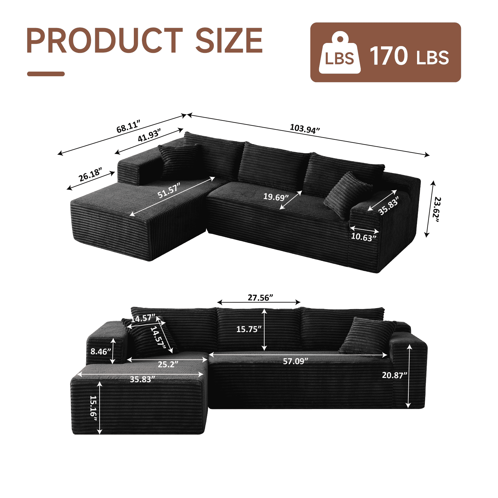 104" Flannel Sectional Sofa, L-Shaped Modern Modular High-Density Sponge Corner Sofa with Chaise Lounge & Pillows, Upholstered Cloud Couch for Living Room Bedroom Apartment