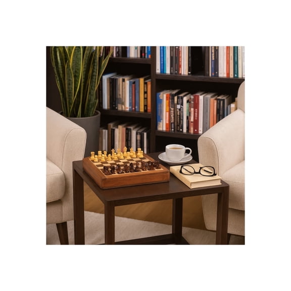 Magnetic Chess Set Classic Game with Wooden Drawer Storage - Tabletop Accent for Coffee Table, Home, and Living Room Game Decor - Decorative Strategy Game Display and Play for All Ages - 10", Brown