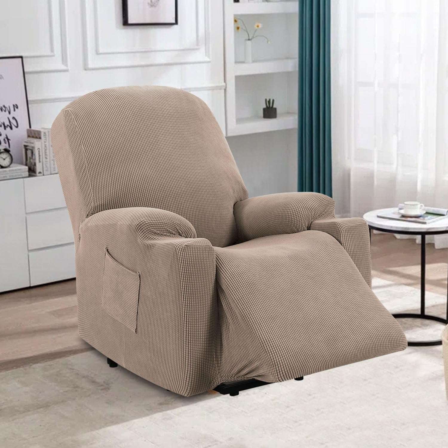 H.VERSAILTEX Stretch Electric Power Lift Recliner Chair Cover with Side Pocket, Soft Thick Jacquard(Single Seat, Sand)