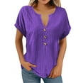 thumbnail image 5 of Breathable Cotton Blend Shirt Dress Office-To-Weekend Loose Fit Tunic with Roll-Up Sleeves, Capsule Wardrobe Staple for Spring Summer Layering, Purple Womens Short Sleeve Tops V Neck Casual Loose, 5 of 5