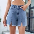 thumbnail image 4 of Jean Shorts for Women High Waisted Stretchy Casual Denim Shorts Front-Slit Frayed Hem Summer Trendy Jorts Light Blue XL, 4 of 9