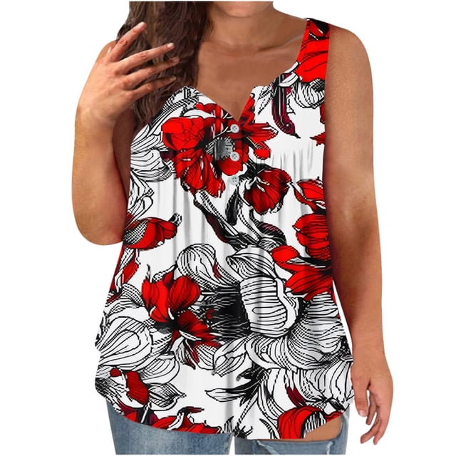 Économies d'Été en Liquidation! Débardeurs yoeyez pour Femmes Grande Taille Imprimé Floral Sans Manches Blouse Col Rond Décontracté Été Rouge,TG