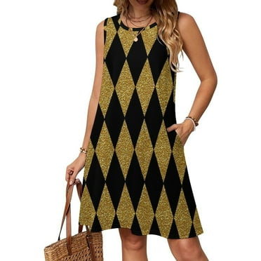 Black And Gold Harlequin Summer Spring Dress Women Sleeveless Casual Ladies Dresses Beach Sundress with Pockets